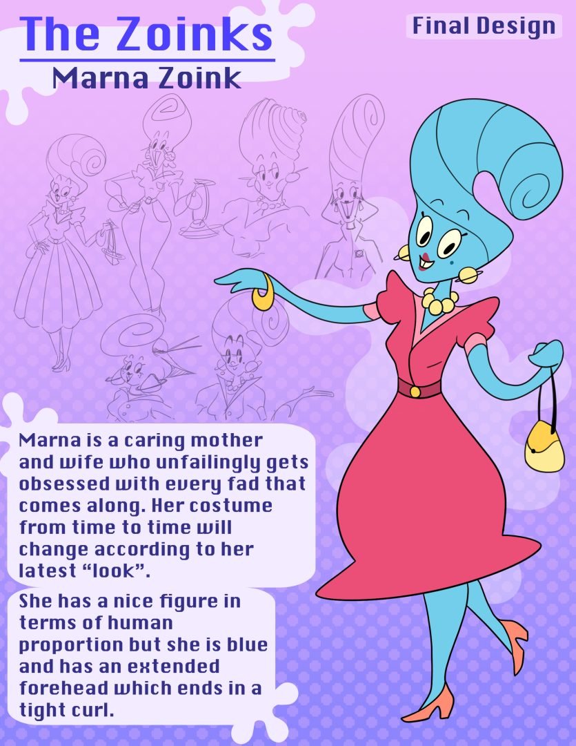 Dynamic 2D art by Jordan Auclair introducing 'Marna Zoink' from The Zoinks universe, depicted as a caring blue character with matching hair, donning a dress and heels while carrying a purse. Described as a devoted mother and wife who easily becomes consumed by every passing trend.
