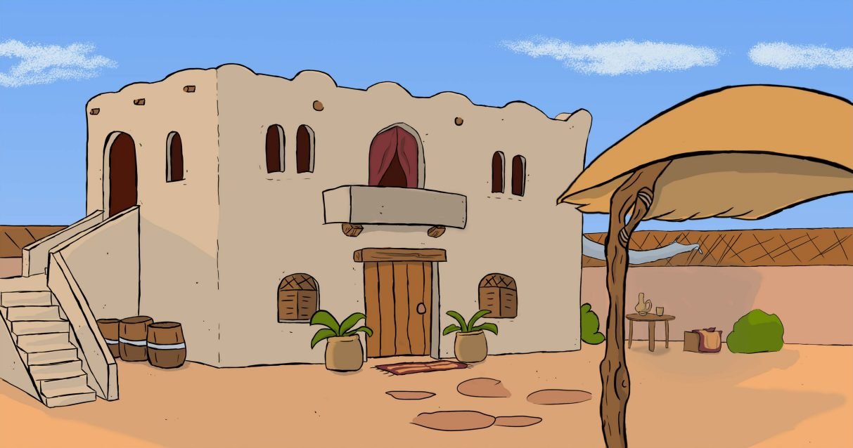 2D art by Liam Johnson depicting a charming cartoon house nestled in the desert landscape, adding a touch of imagination and warmth to the College for Arts and Design's collection.