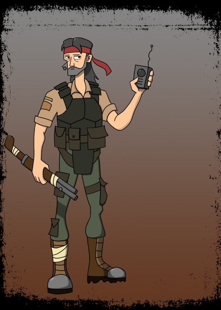 2D art by Mattaus Crombie featuring a cartoon man dressed in combat-style clothing, with a red tie wrapped around his head, holding a radio.