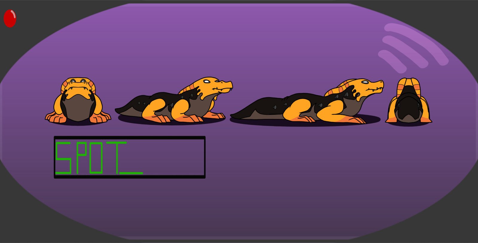 Playful digital creation by Matthew Bartlett featuring a unique animal hybrid, blending aspects of a dog and reptile in vibrant orange and black hues, accompanied by the word 'Spot'.