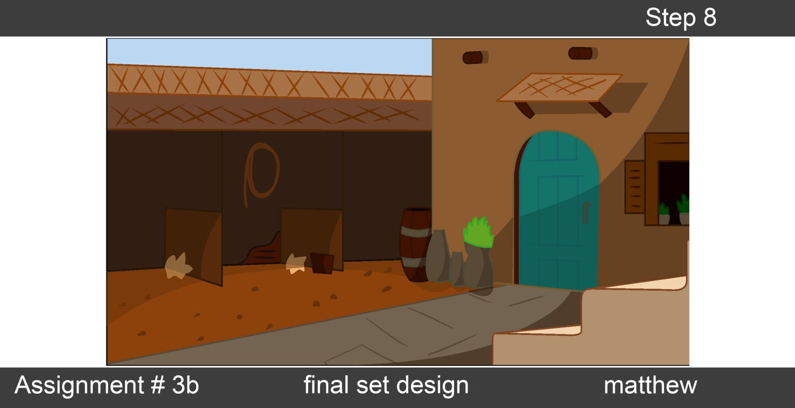 Digital artwork by Matthew Bartlett portraying an adobe-style house nestled among cacti, depicted in warm shades of brown accentuated by a welcoming blue door.