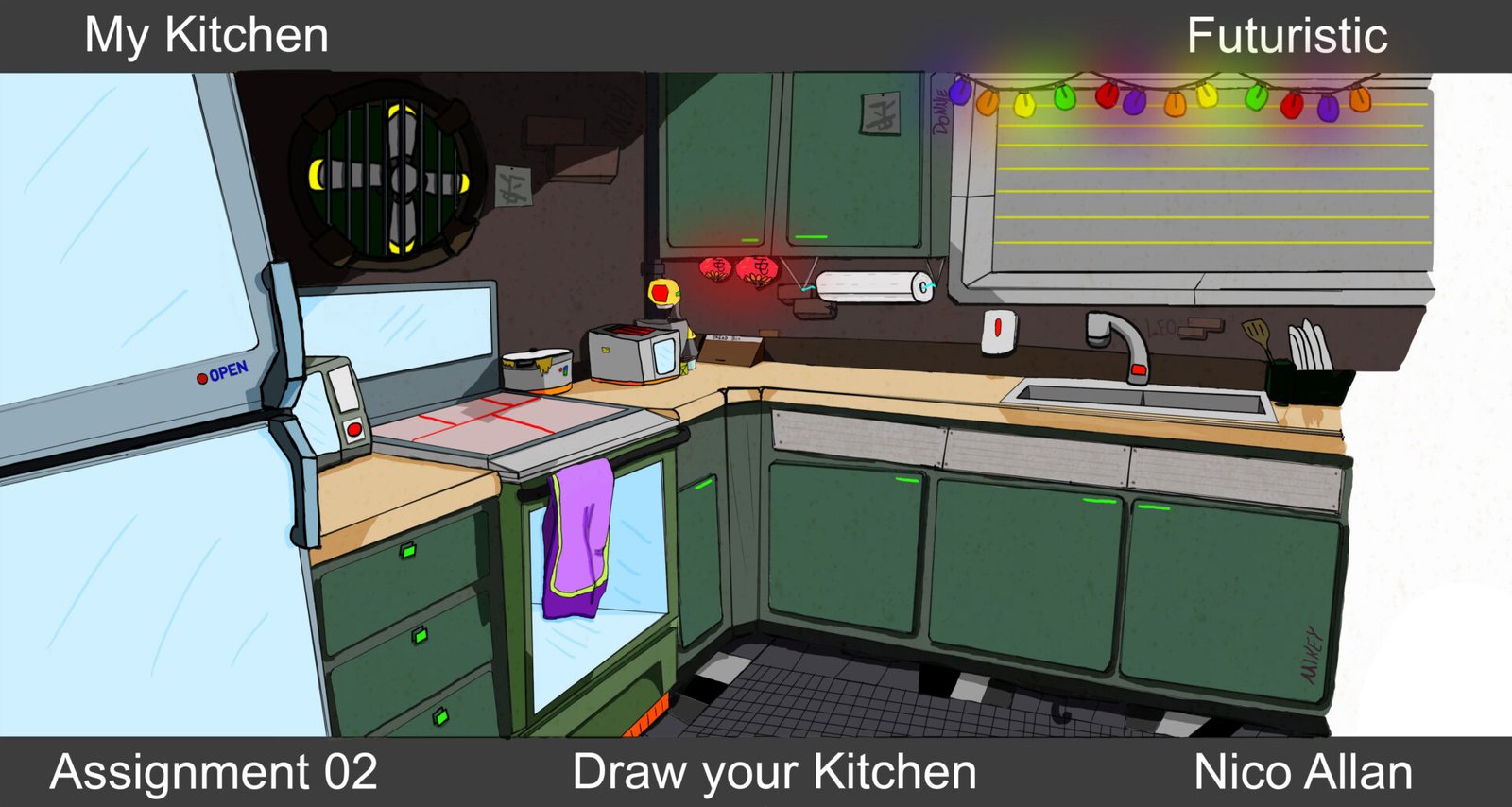 Futuristic digital artwork by Nicolas Allan titled 'My Kitchen' for the College for Arts and Design's 'Draw Your Kitchen' project, showcasing a cutting-edge kitchen design with festive lights adorning the sink area, blending innovation and creativity seamlessly.