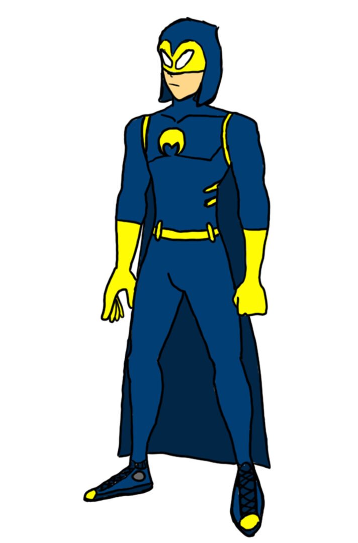 Digital artwork by Nicolas Allan featuring a superhero cartoon character adorned in a striking blue and yellow super suit, injecting quiet strength and into the College for Arts and Design's collection.