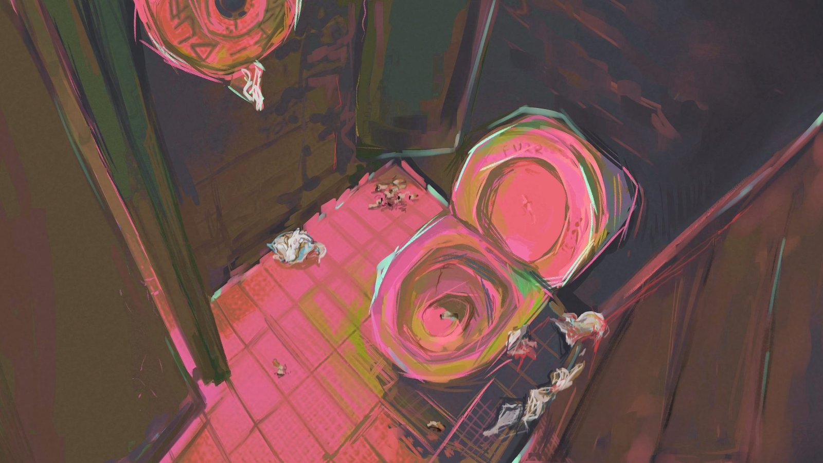 2D art by Zoe Brown portraying a top-down perspective into a bathroom stall, with toilet paper on the floor and the lid raised, rendered in soft hues of pink.