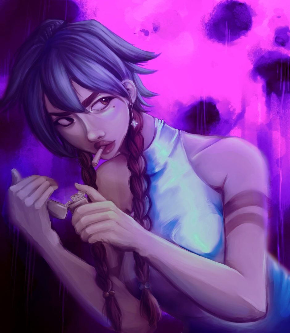 2D art by Zoe Brown depicting a cartoon female with braids lighting a cigarette while looking off to the side, adding a touch of intrigue.