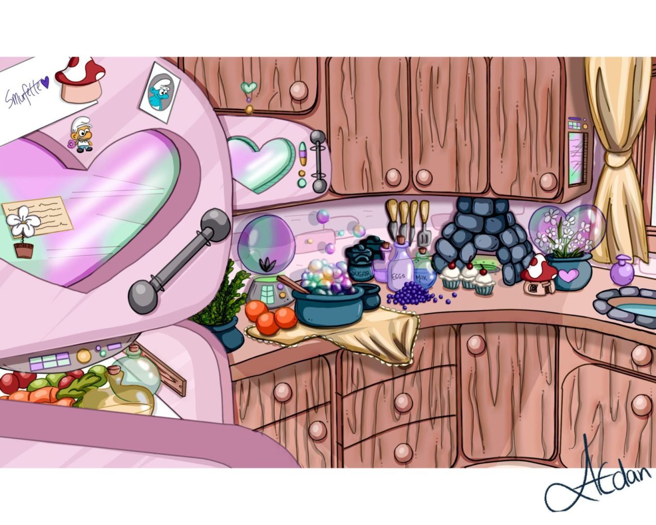 A cartoon of a kitchen with a lot of food in it. 2D art by Ashley Grunow.