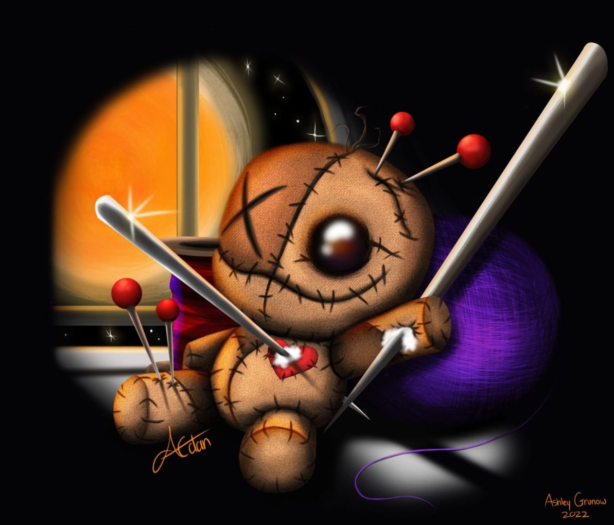 A teddy bear holding a knitting needle by Ashley Grunow