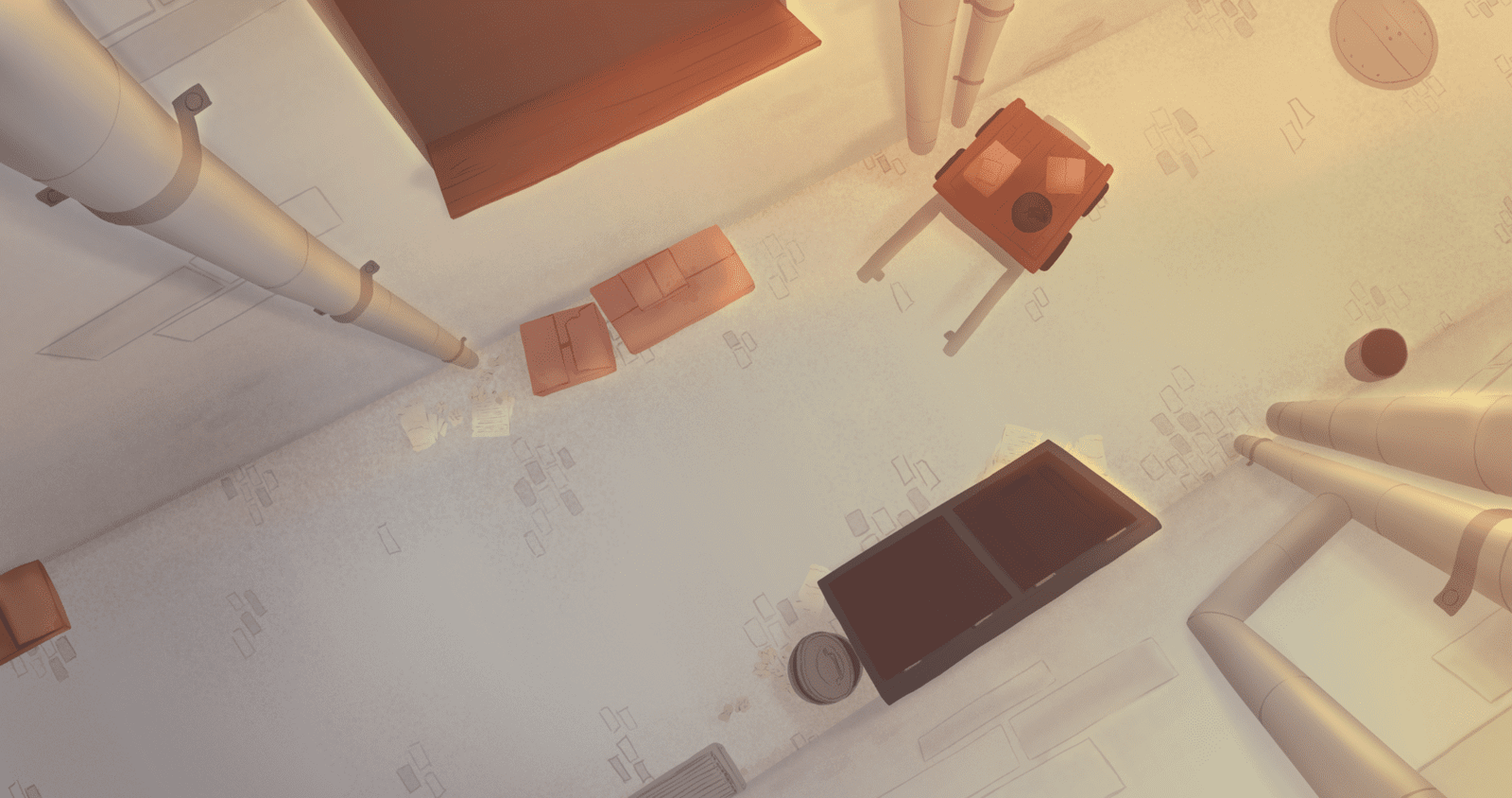 An aerial view of a room with furniture and pipes. Art by Ashley Moore