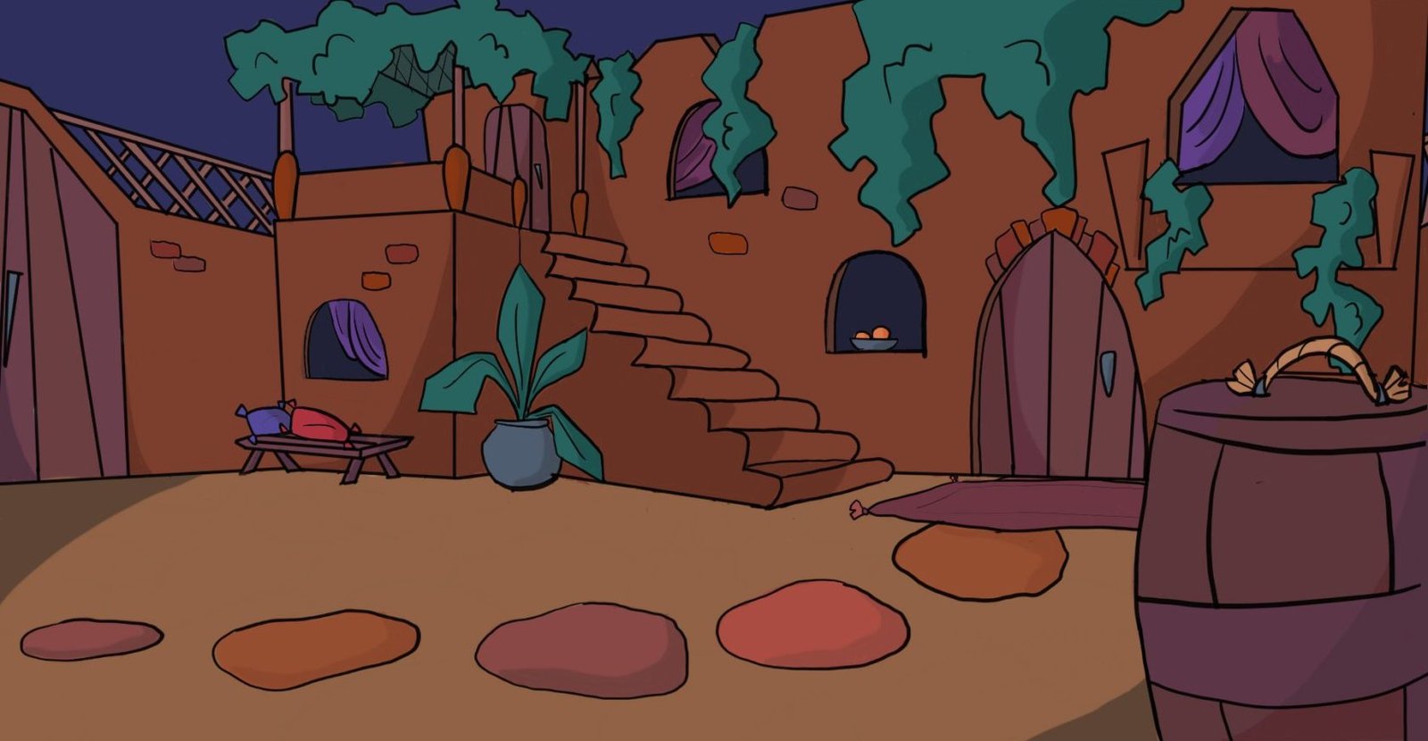 A cartoon image of a house with stairs and plants.
