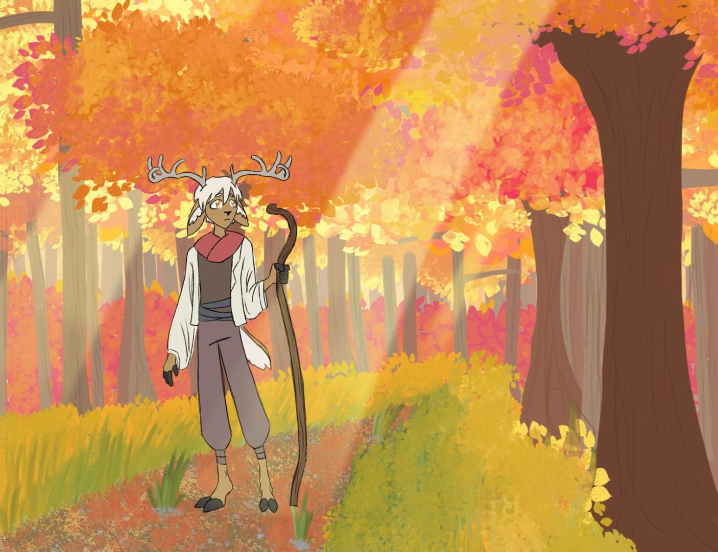 A cartoon character standing in the woods with a stick.