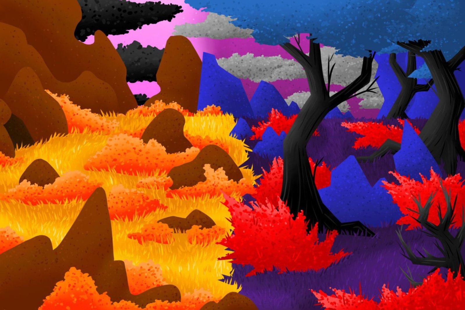 An image of a colorful landscape with trees and rocks.