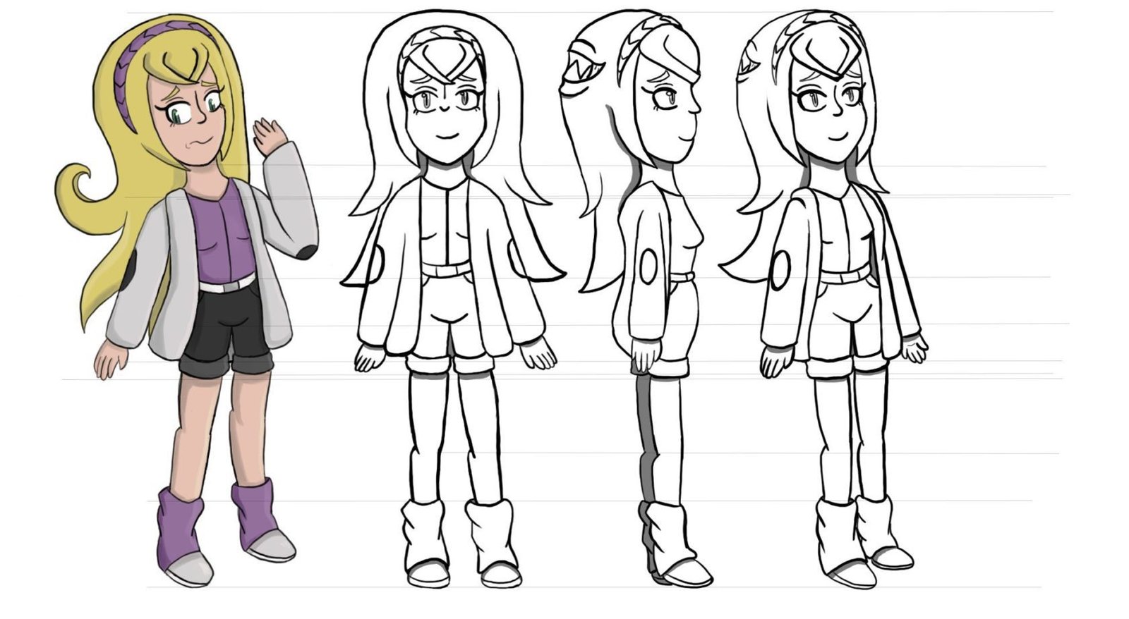 A drawing of a girl with long hair and a pair of shorts.