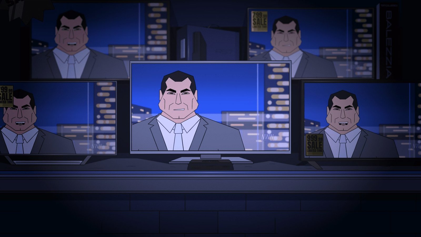 A cartoon image of a man sitting in front of several televisions.