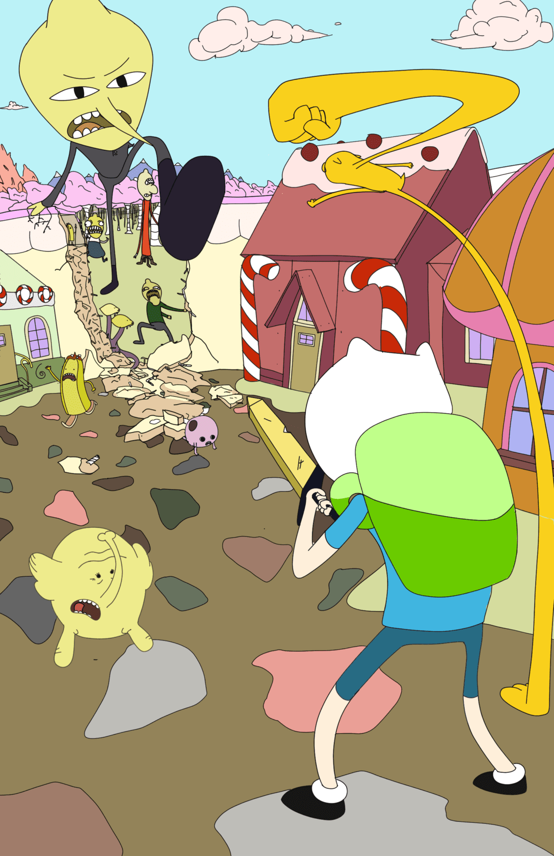A cartoon character is holding a sword and other characters are in an imaginary city being torn apart by a character with big feet. Art by Gwen Johnston