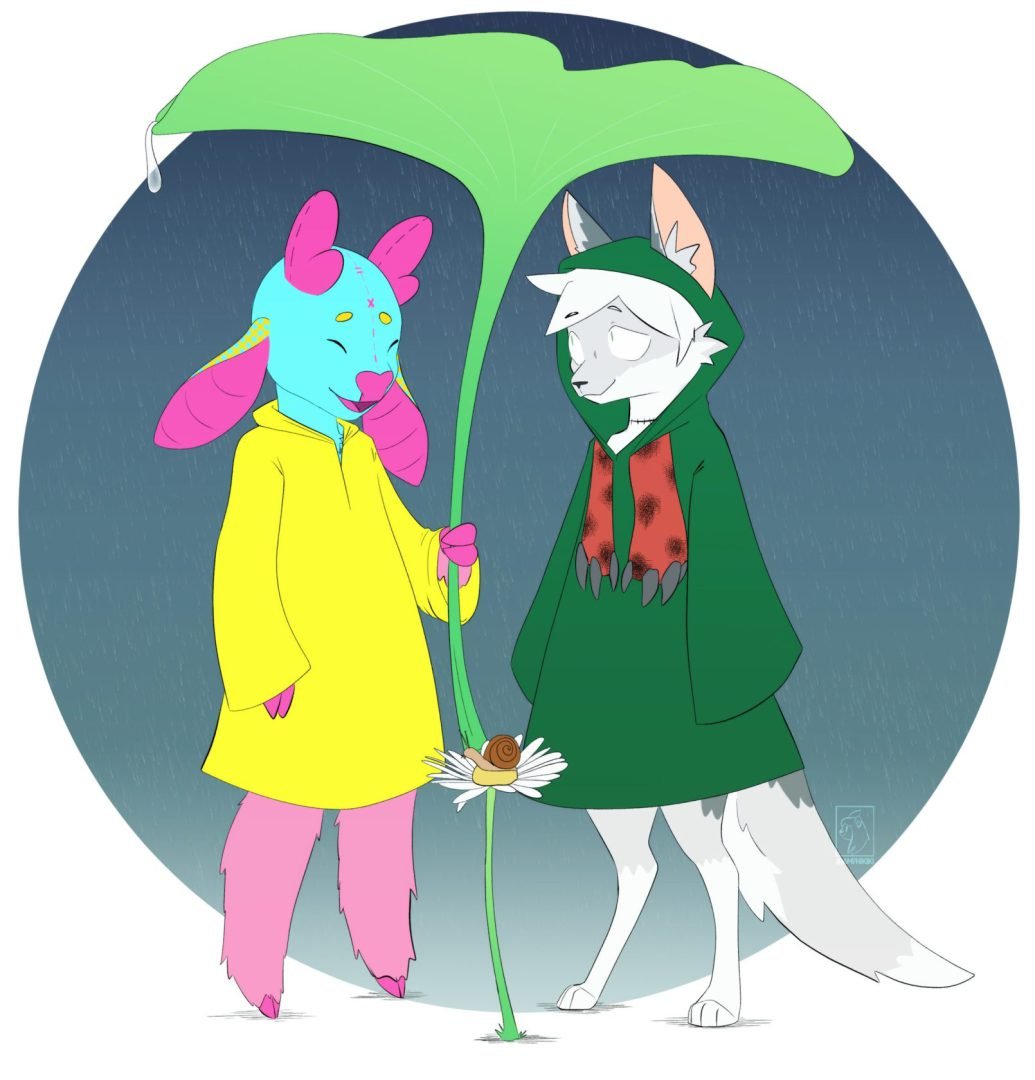 Two foxes standing under an umbrella.