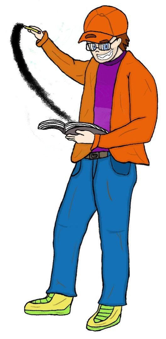 A cartoon of a man drawing with a pen out of a book in his hand while smiling. Art by Jesse Saip.