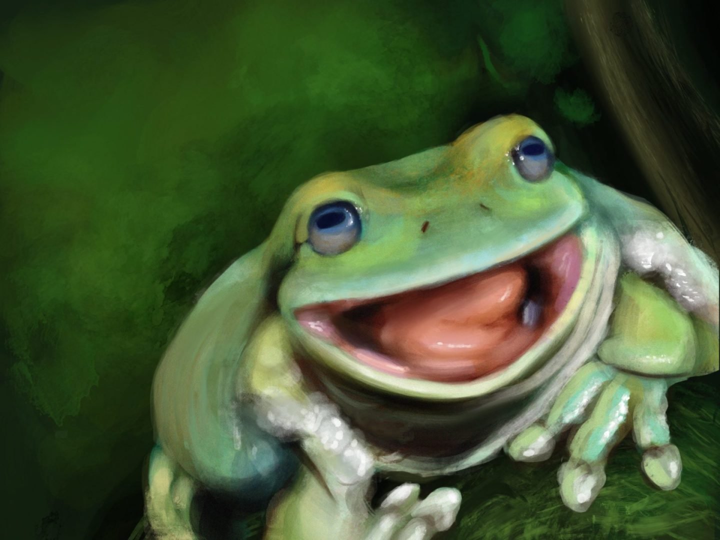 Illustration of a green frog with wide eyes and an open mouth, appearing to smile. The background is a blurred mix of dark green hues.