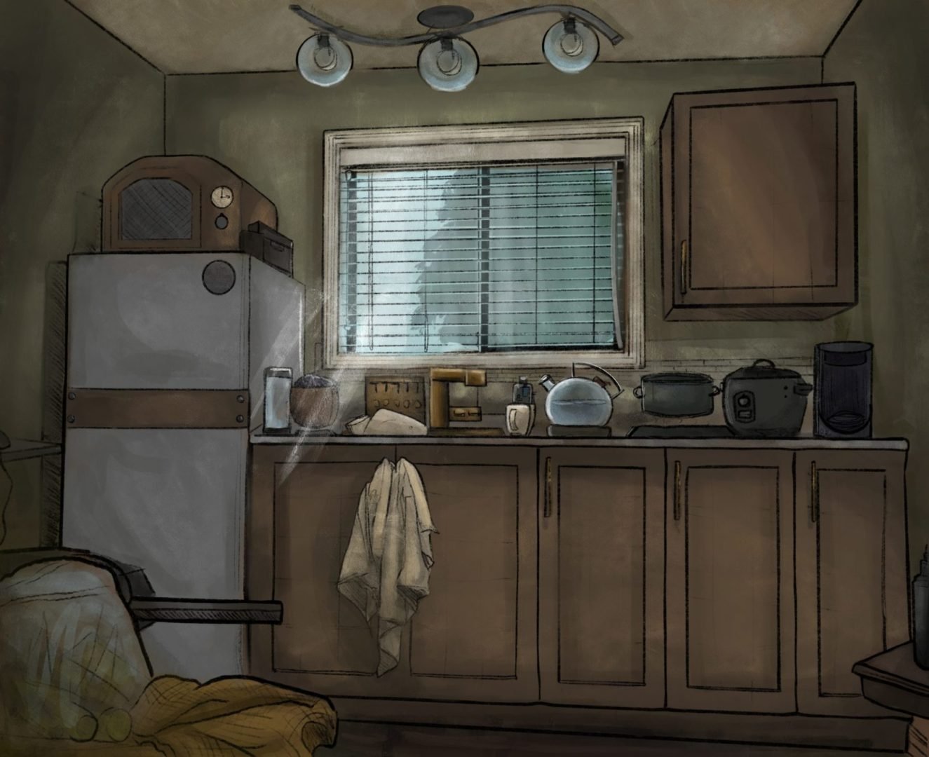 A small kitchen with a window above the sink. Features include a refrigerator, cabinets, various appliances, and a cloth hanging from the counter. Disheveled items are scattered around the counter.