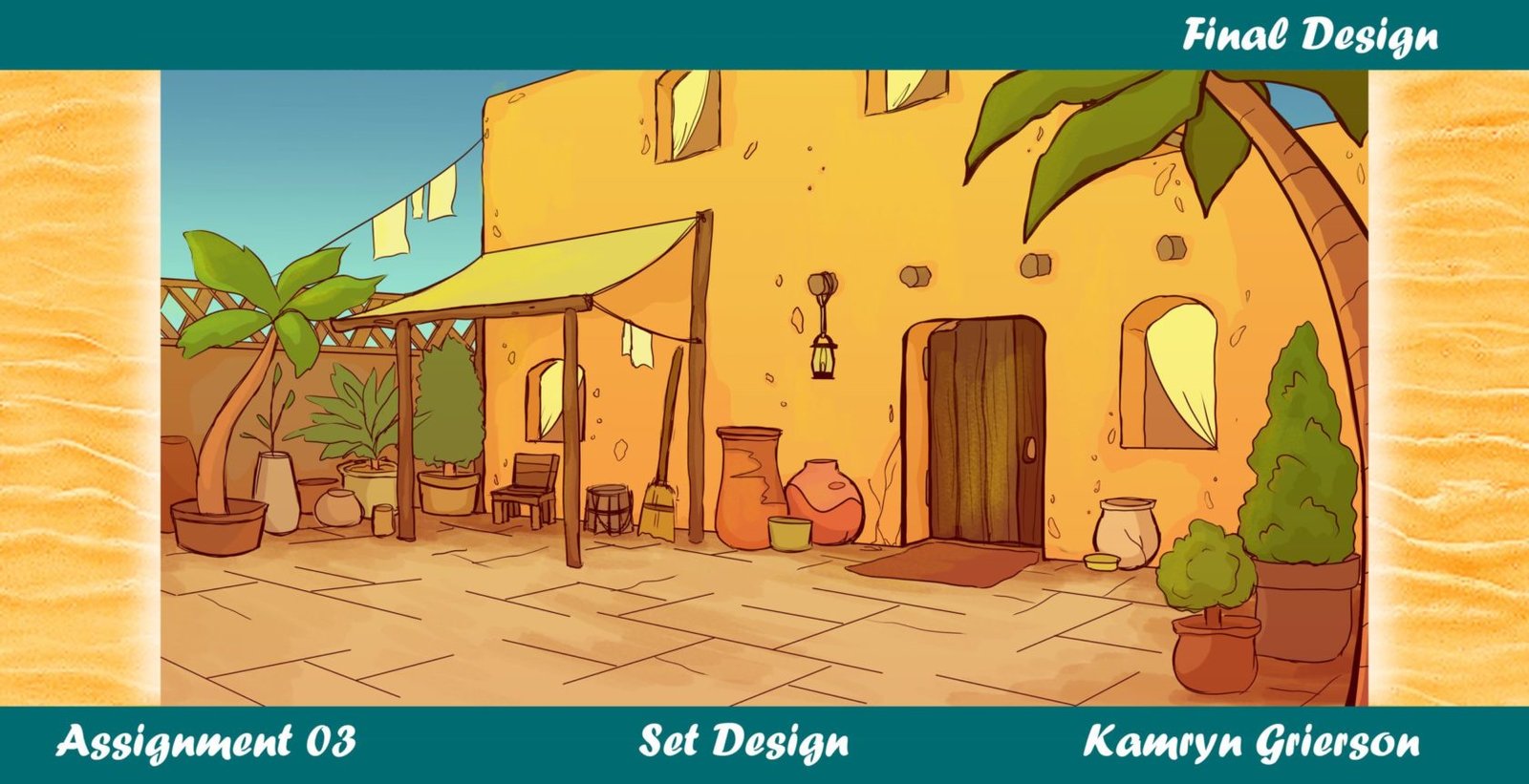 A cartoon image of a house in the desert.