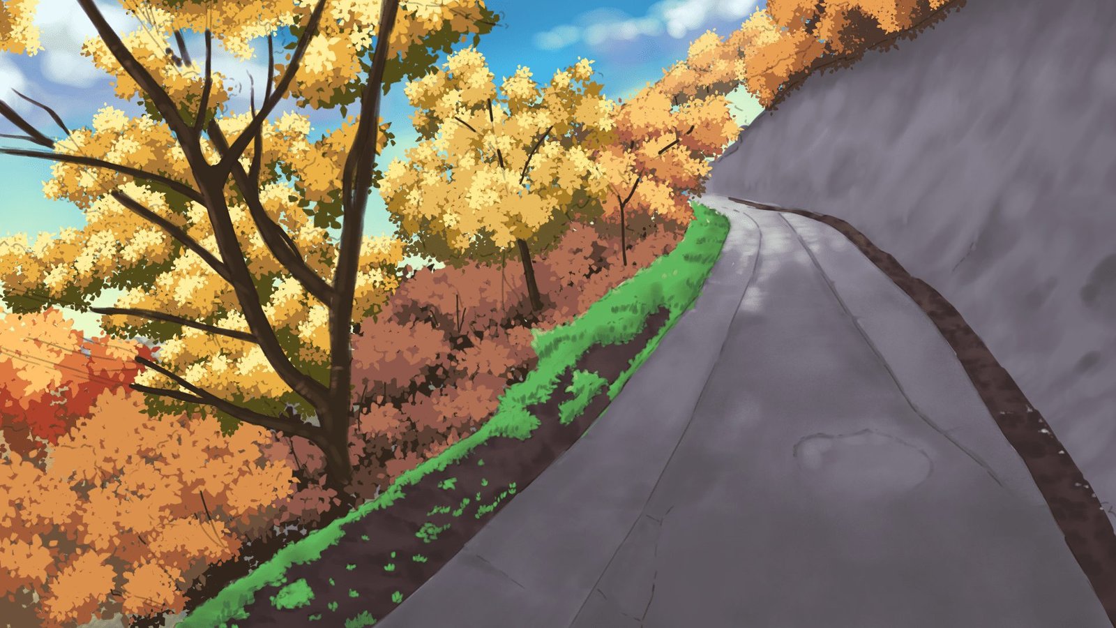 A drawing of a road with trees in the background.