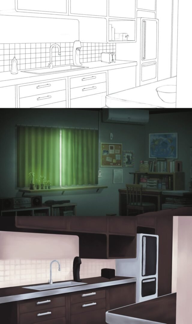 A drawing of a kitchen with a green light.