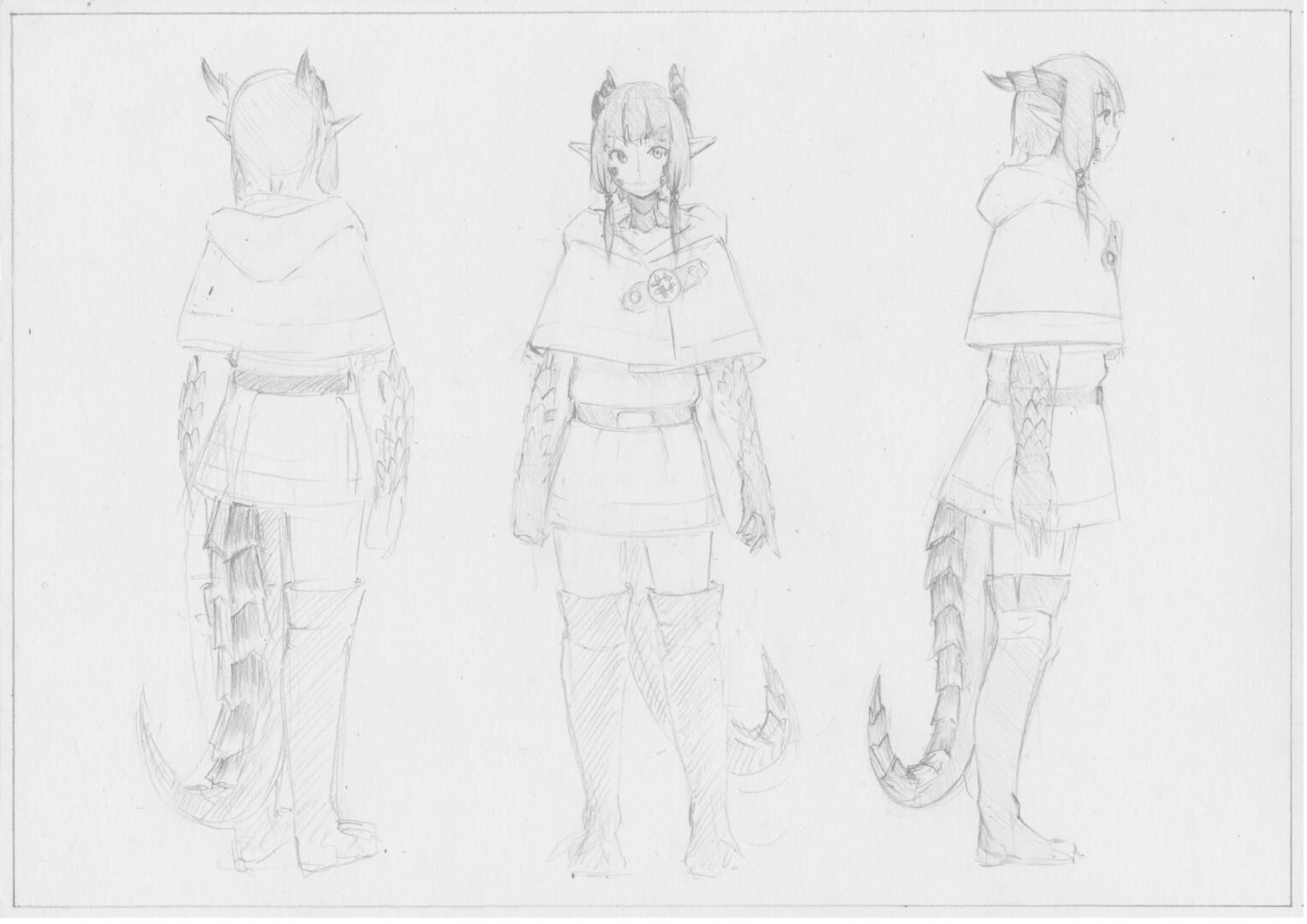 A sketch of a girl in a costume with horns.