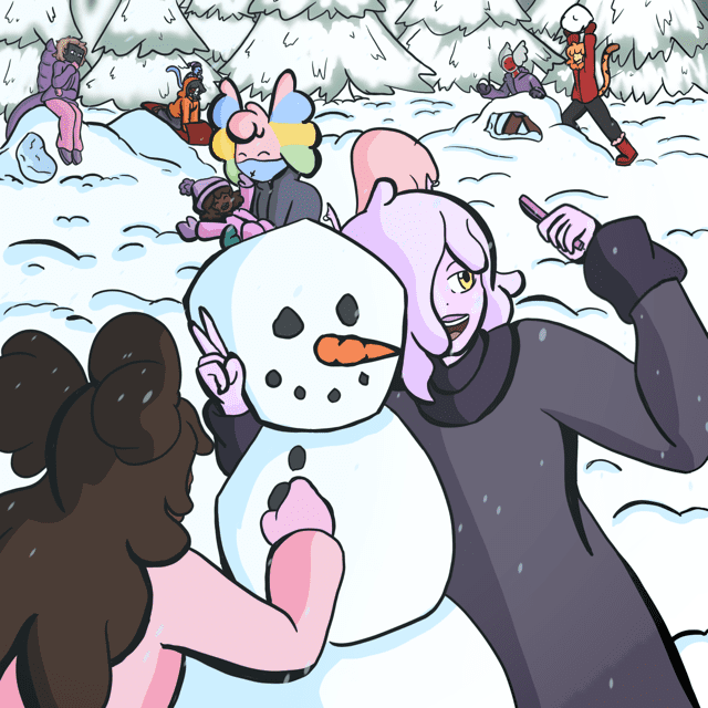 A digital illustration of a group of people are building snowmen and playing in the snow. One person poses with a snowman, while others engage in various snowy activities in the background among snow-covered trees.