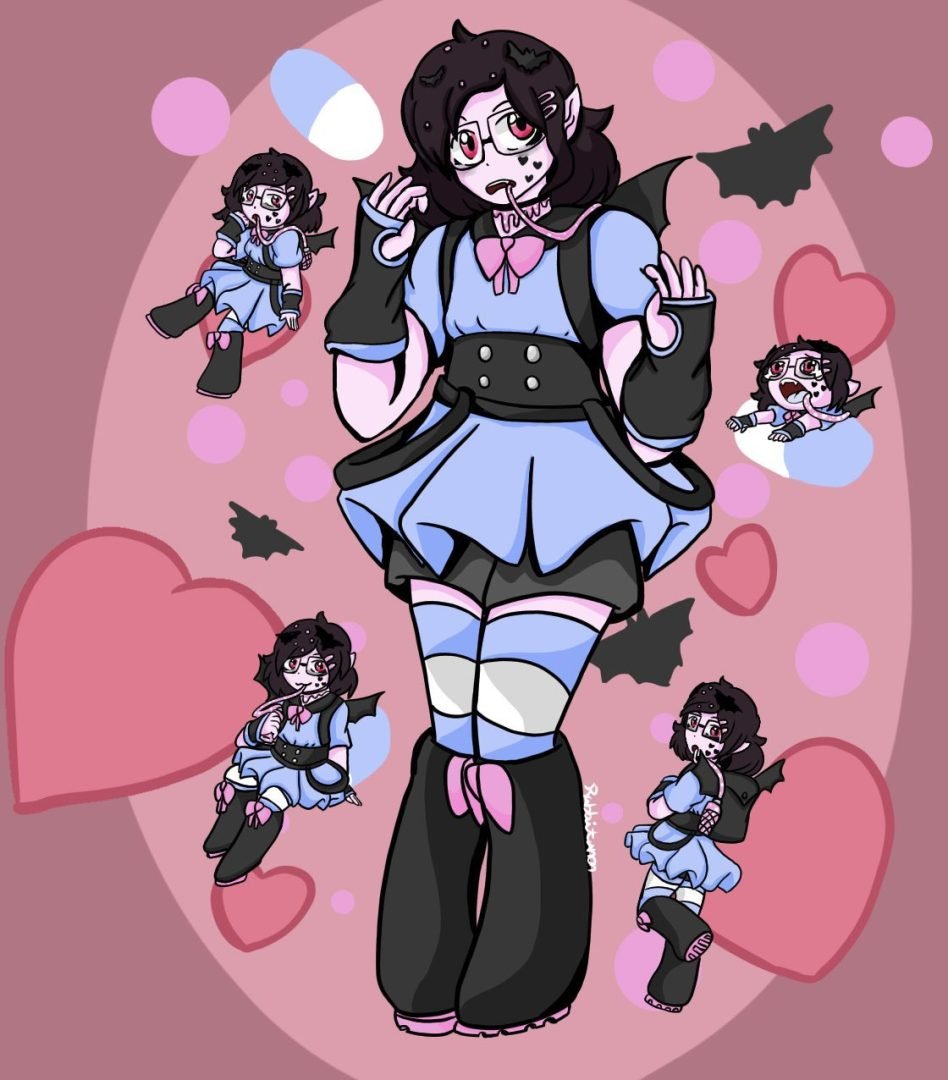 Illustration of a character with glasses and black hair, wearing a blue and pink dress, depicted in various poses. The background is pink with hearts, bats, and circles.