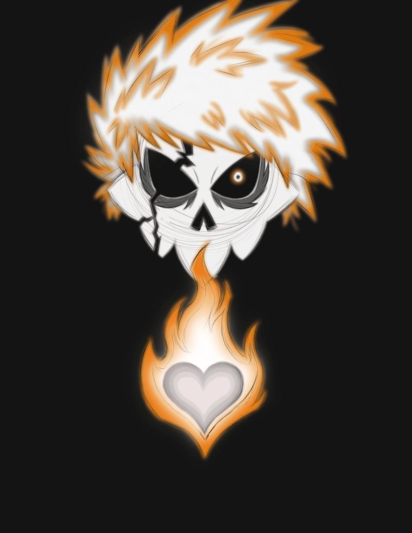 A stylized skull with fiery hair and one eye patch hovers above a glowing heart-shaped flame on a black background, created by Landon Toews, an art student at CAT.