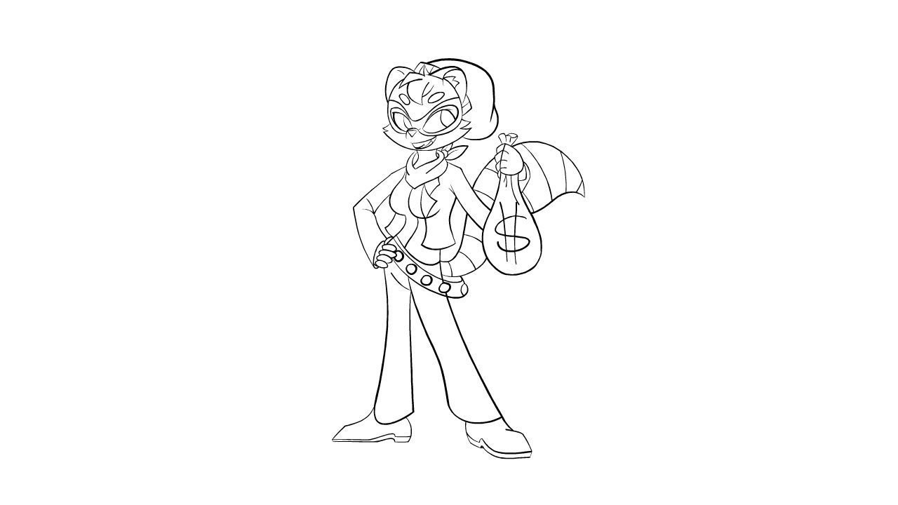 A cartoon character, designed by Landon Toews, a student at CAT, wears a mask, boots, and a scarf while holding a bag with a dollar sign.