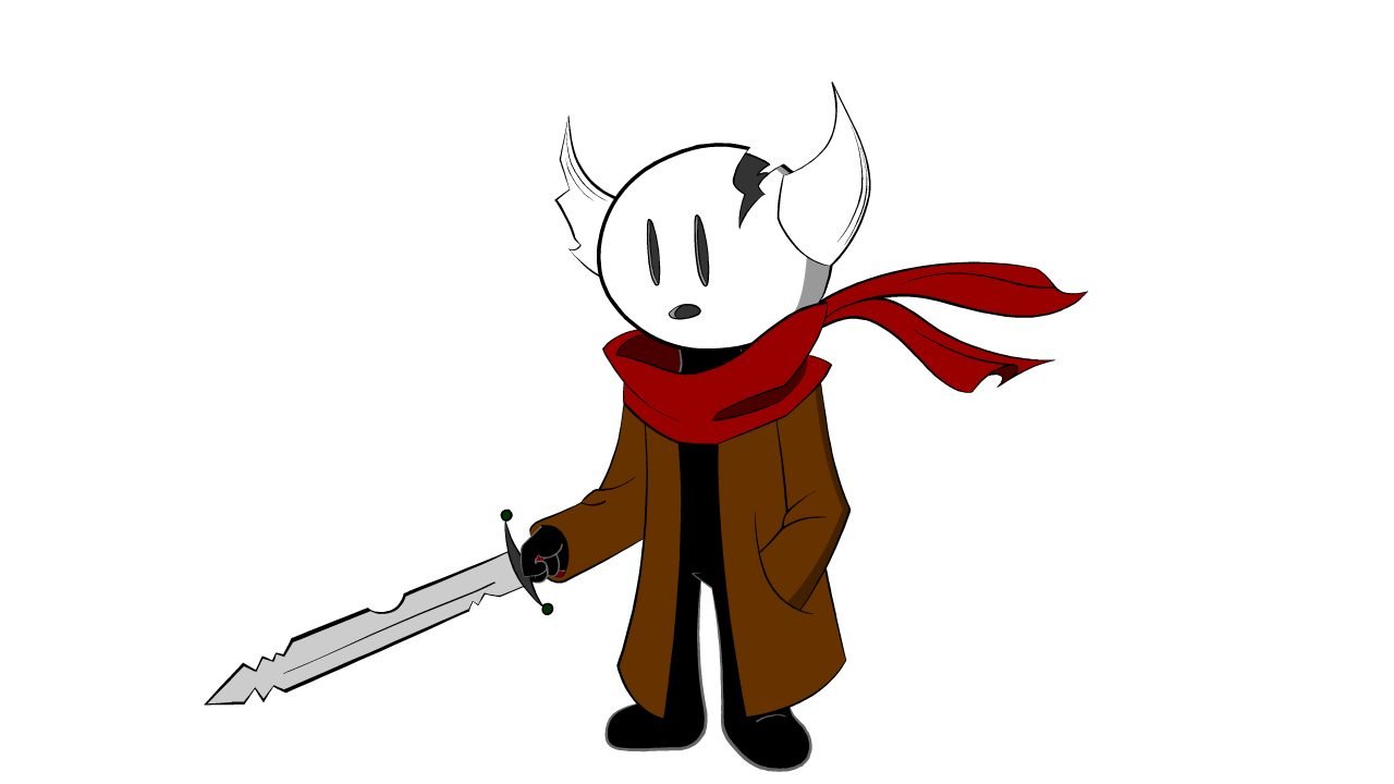 A stylized character by Landon Toews with a white head, black eyes, and horns, wearing a brown coat and red scarf, holds a large, jagged sword. The background is plain white.