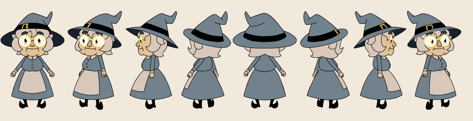 A character design sheet showing an elderly woman in a blue dress and a witch's hat, art by Mikayla Thiessen. The sheet displays eight different angles: front, front side, side, back side, and back views.