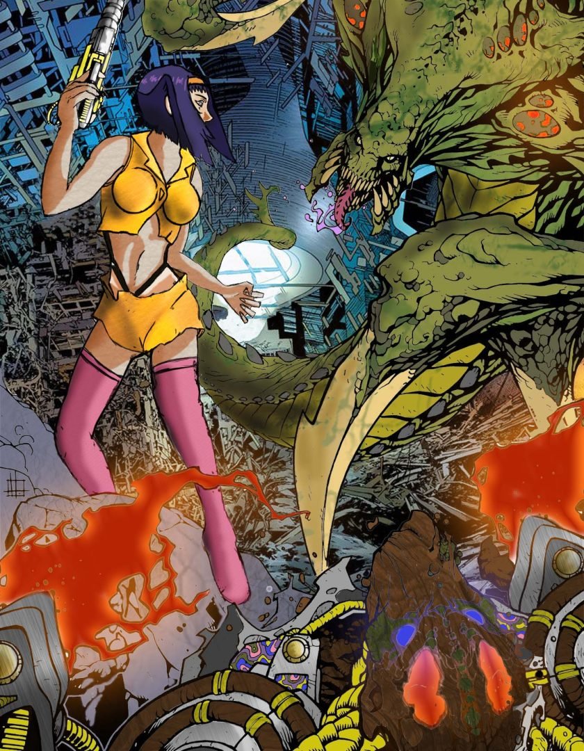 A person in sci-fi attire holding a weapon faces off against a large, monstrous creature in a chaotic urban setting, with debris and bright colors accentuating the intense scene—a masterpiece of art by Matthew Jilek.