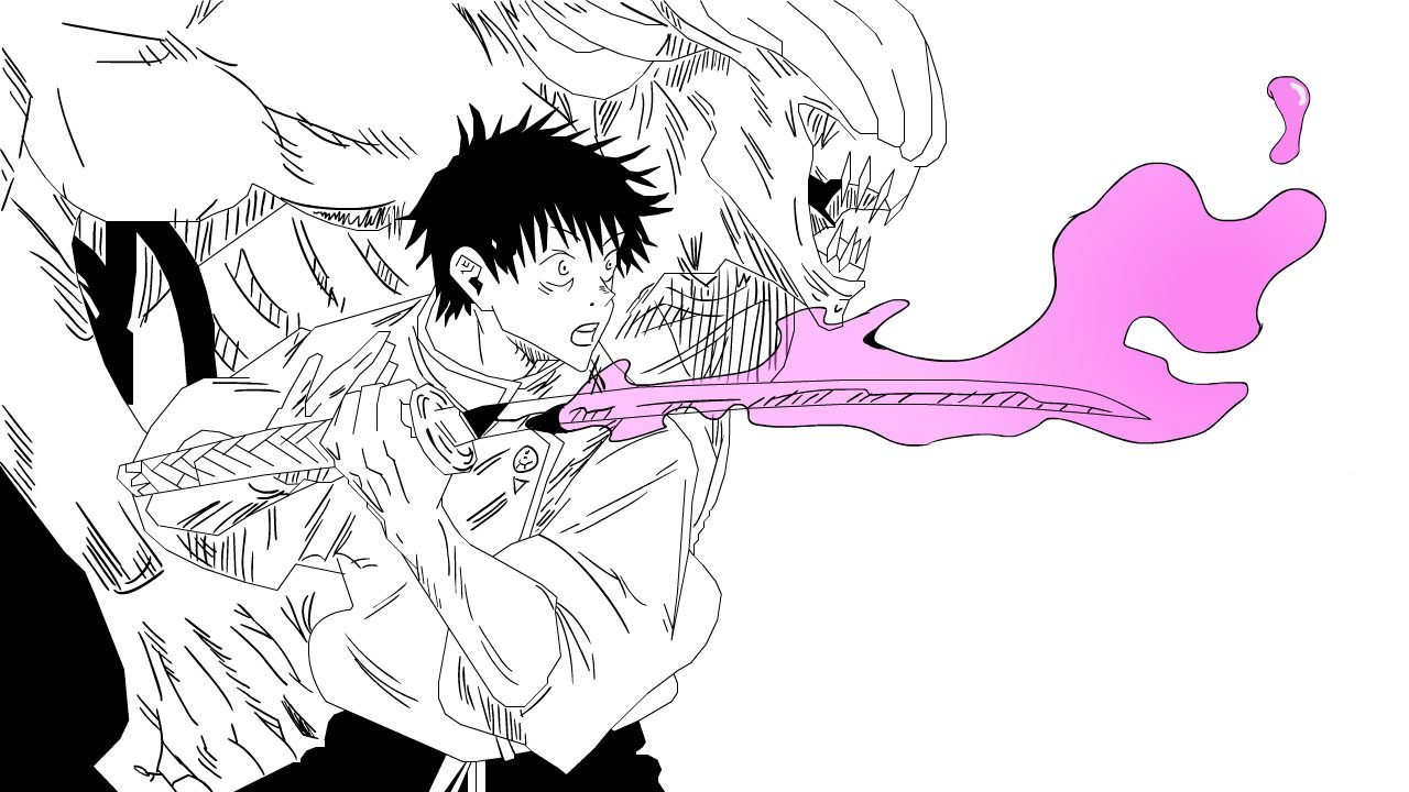 A character holding a sword with a pink flame and facing a large monster in the background.