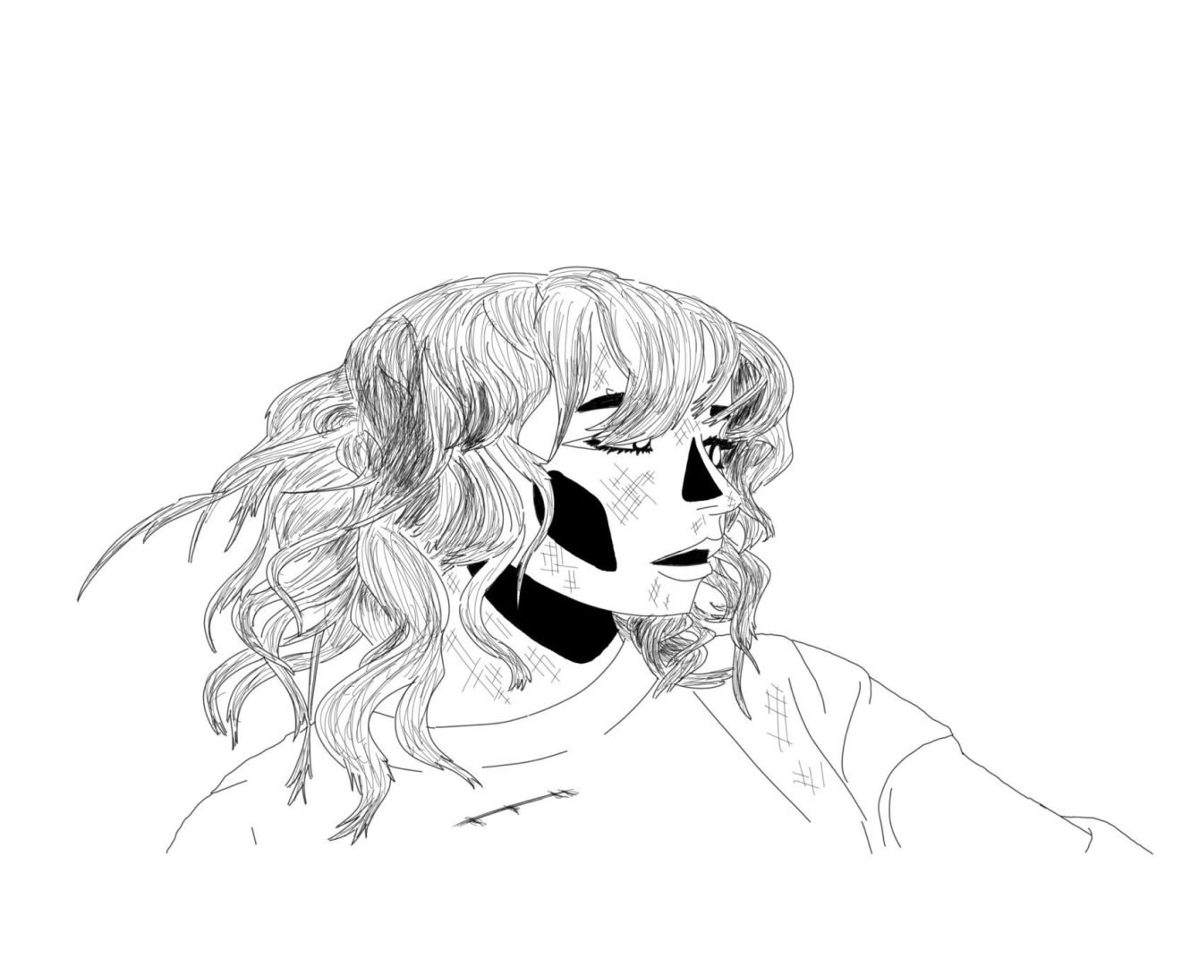 Black and white drawing of a person with wavy hair and closed eyes, featuring abstract black patches on their face and neck.