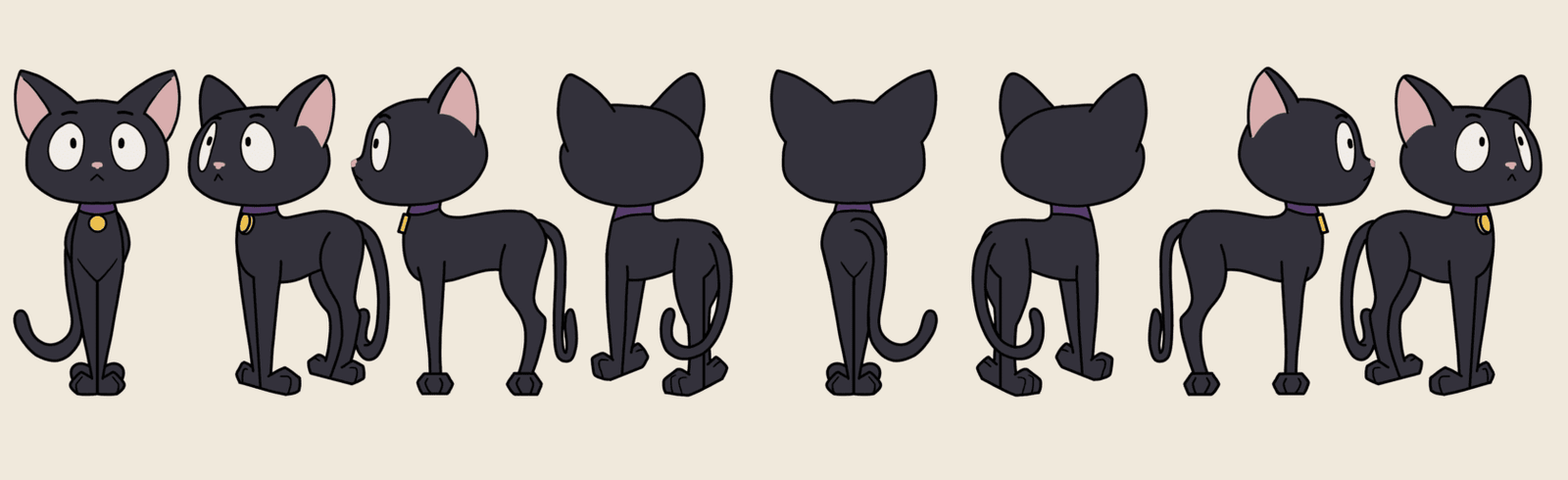 A series of eight illustrations showing a black cartoon cat from different angles, including front, back, and sides, with varying expressions. The cat is wearing a gold collar.