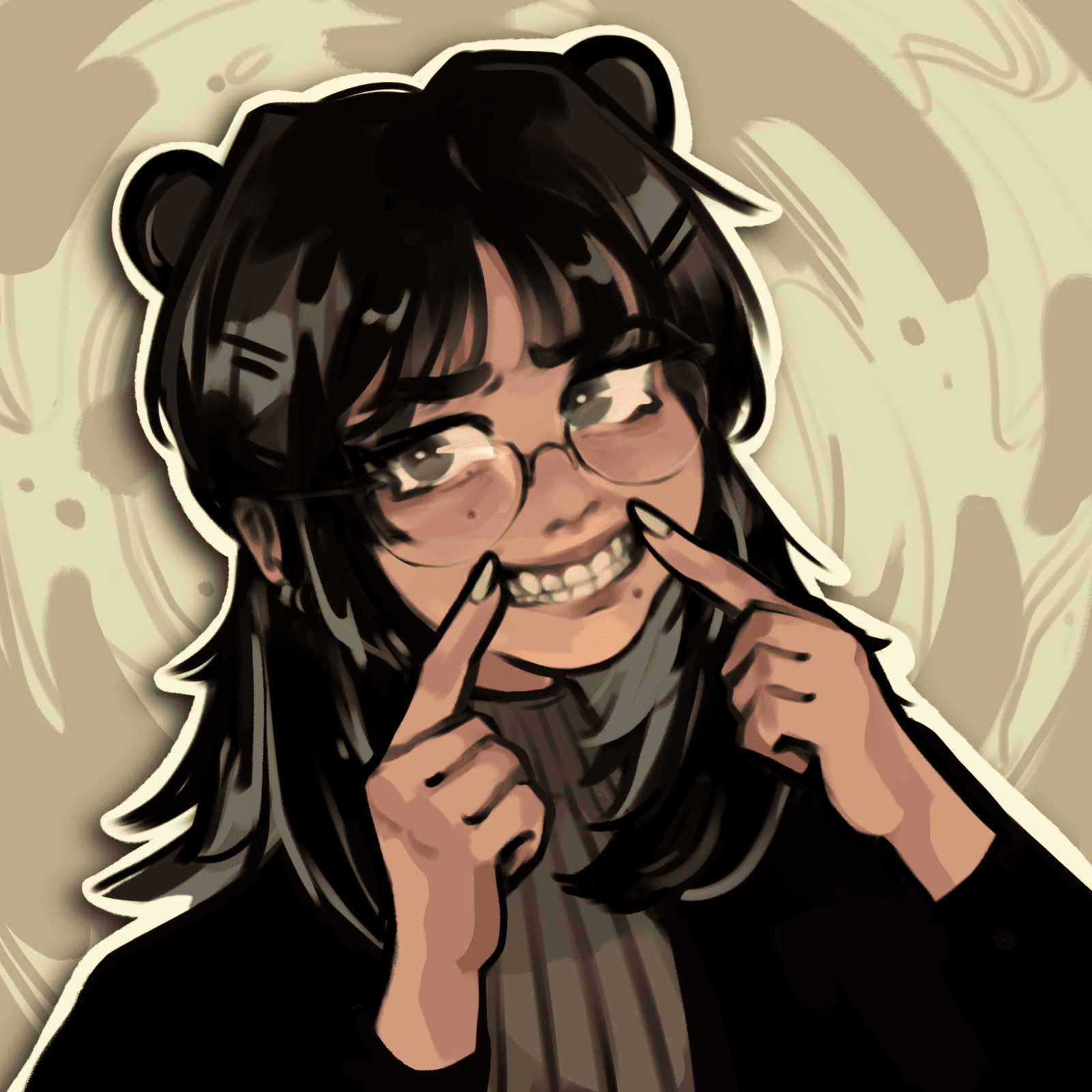 Drawing of a person smiling, holding their cheeks with both hands, wearing glasses and a black outfit. The background features abstract patterns. Created by a College for Art student, Mila Muangxong.