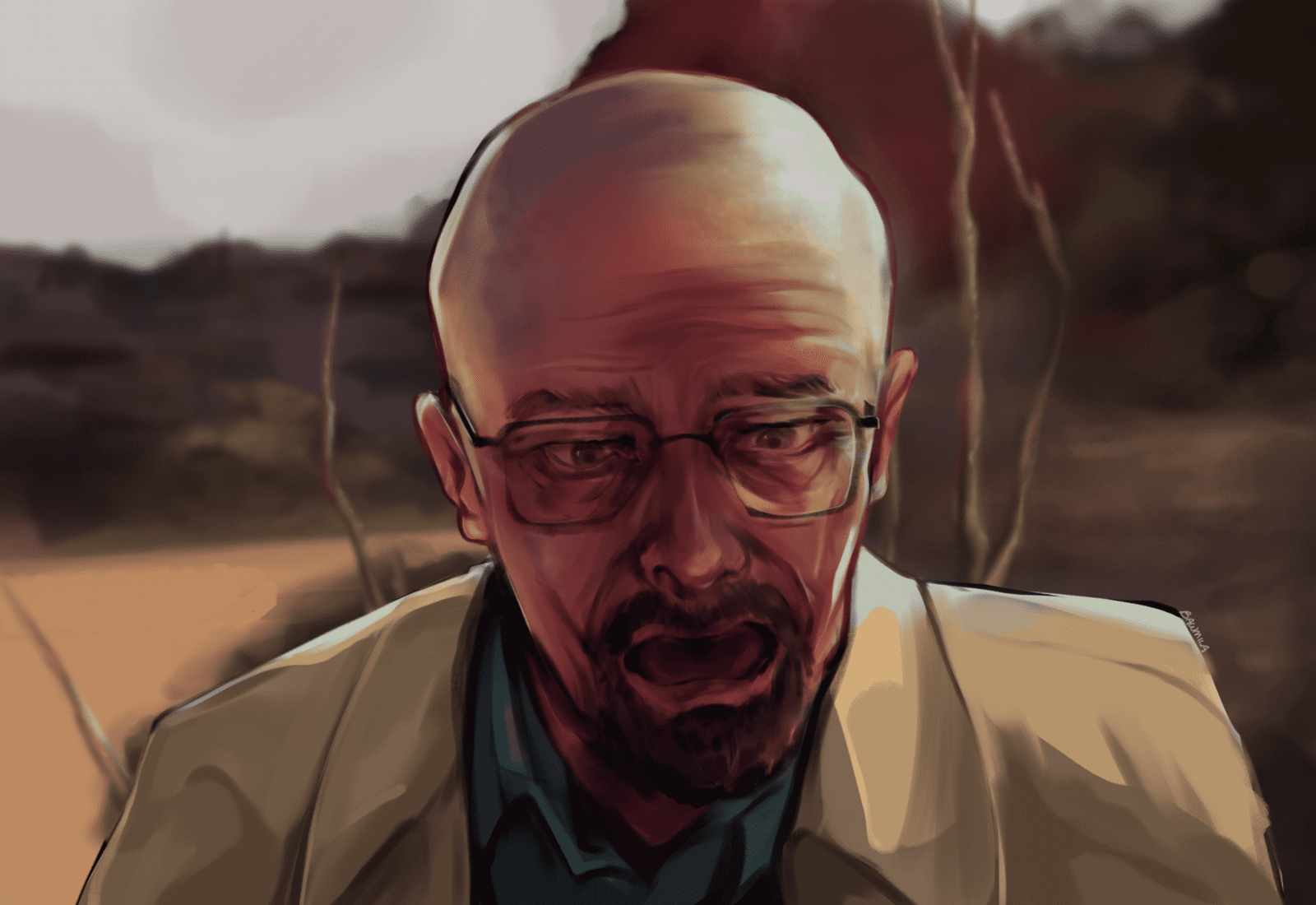 A bald man with glasses, wearing a beige coat, stands outside in a desert-like environment, captured beautifully by Mila Muangxong.