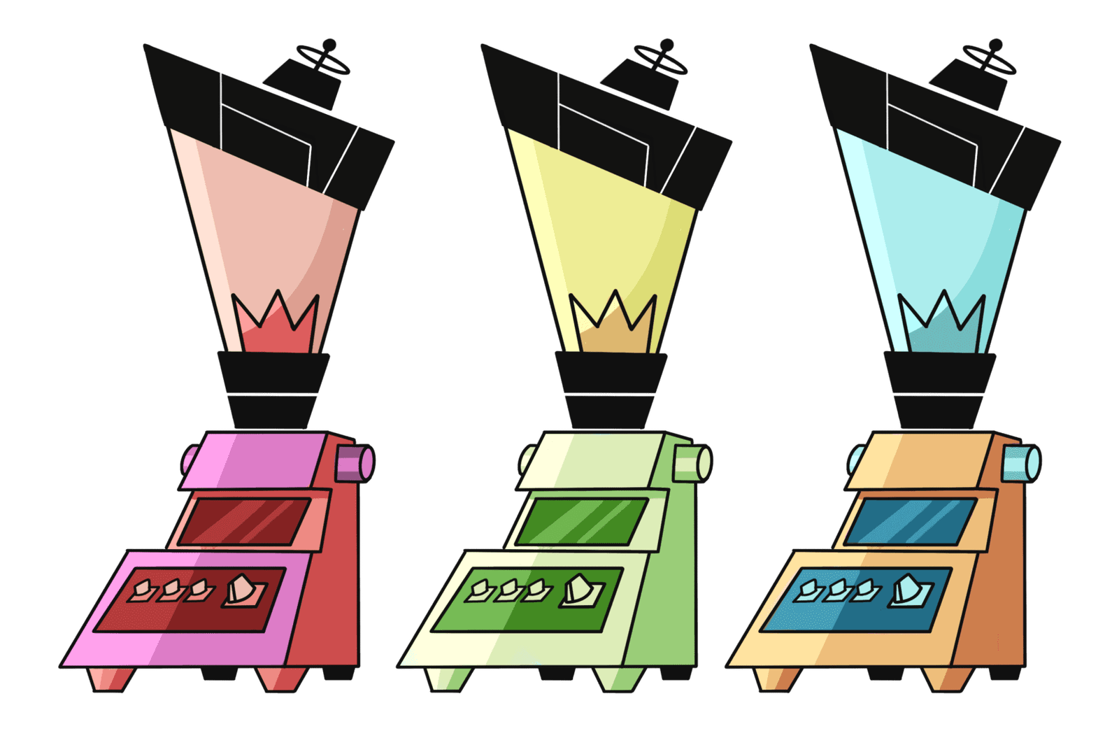 Three colorful blenders are shown, each with a distinct color scheme: pink, green, and orange. They have control panels featuring buttons and display screens. The blenders have large, angular lids.