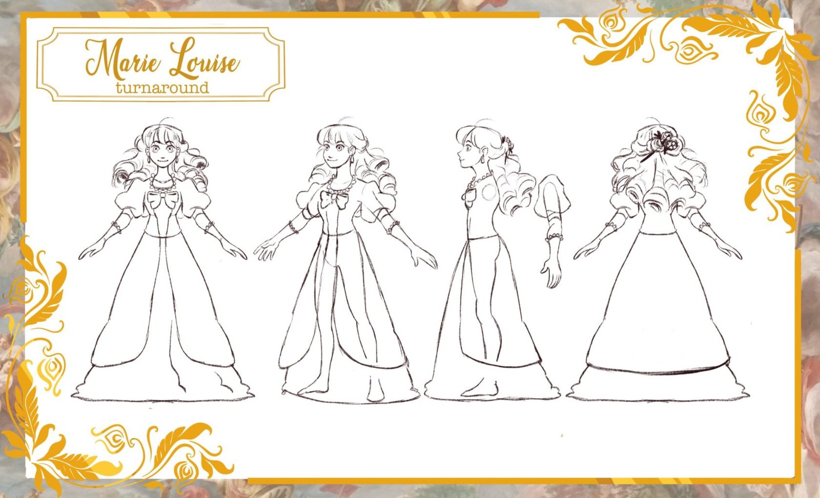 A character turnaround of Marie Louise, showing front, 3/4, side, and back views. She wears a long dress with puffed sleeves and has long, wavy hair. The image is framed with a decorative border.