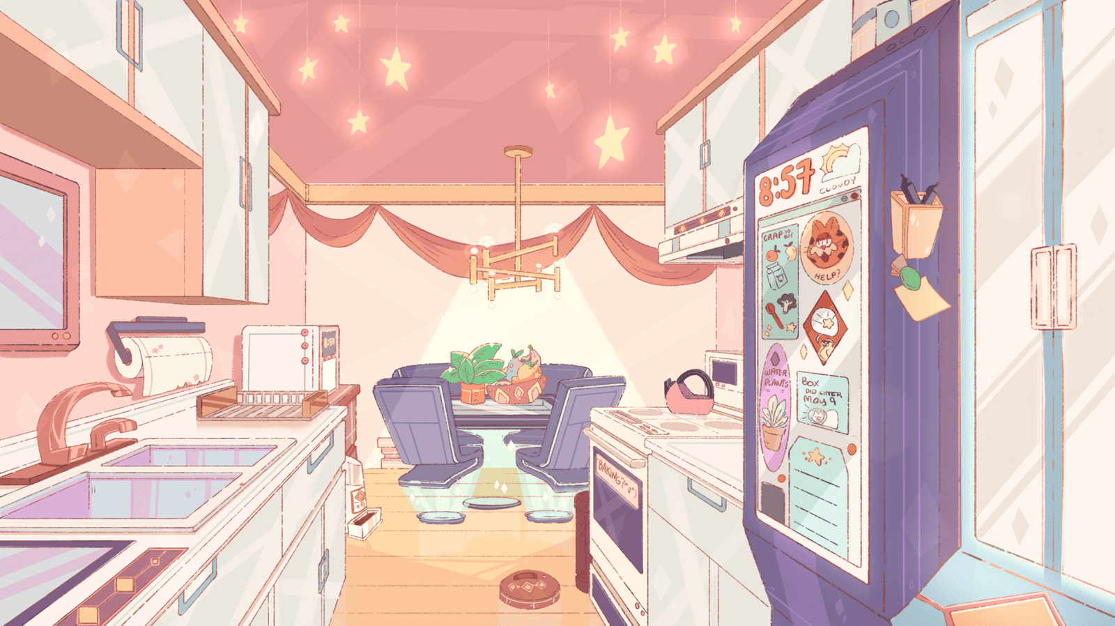 A brightly lit kitchen by Princess Abella features blue and white cabinets, a refrigerator decorated with magnets, a dining table with chairs, and star-shaped lights on the ceiling. A fruit bowl sits on the table.