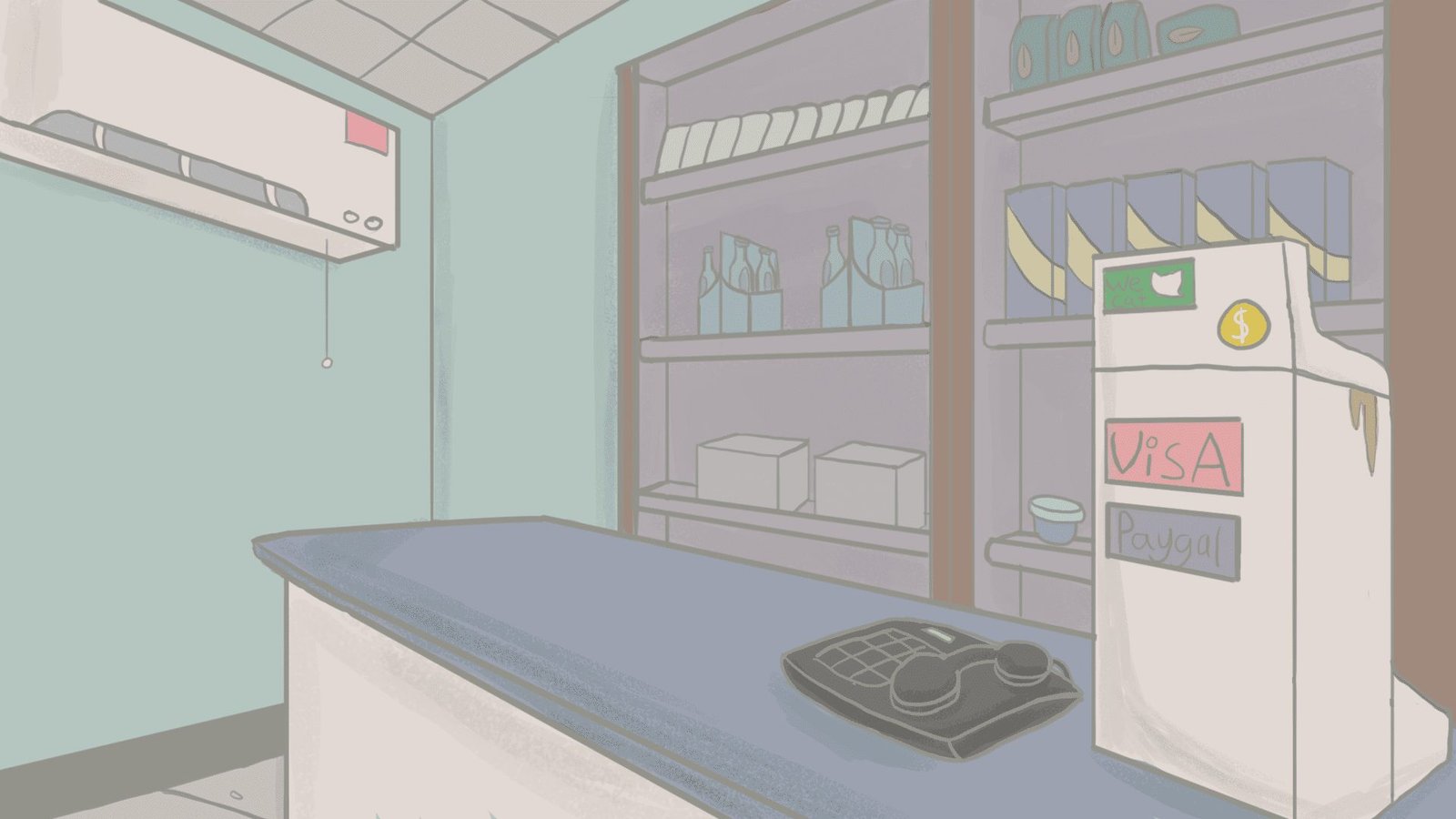 A room with a refrigerator and a phone.