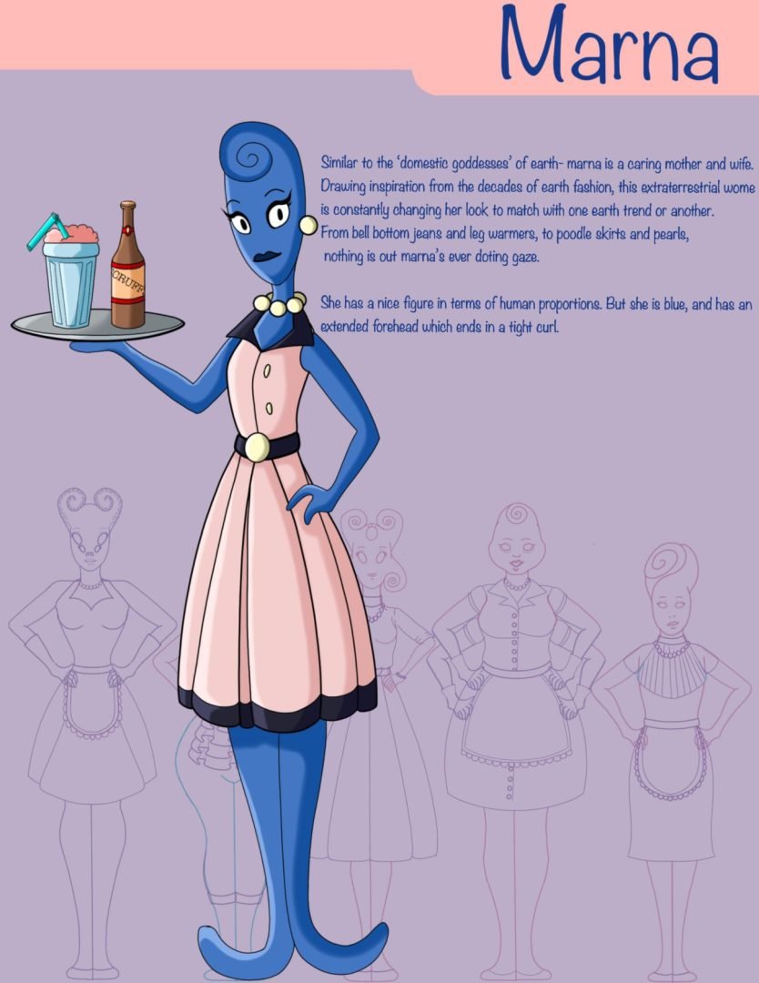 A cartoon character dressed in a blue dress and holding a tray.