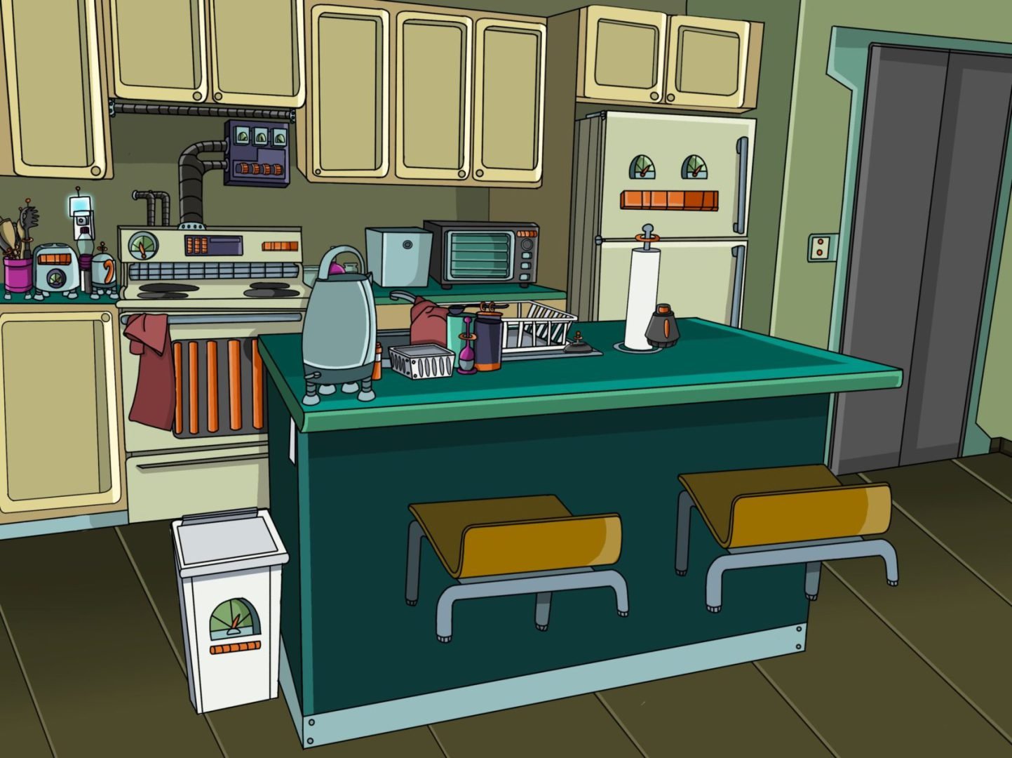 A cartoon kitchen with a green counter top.