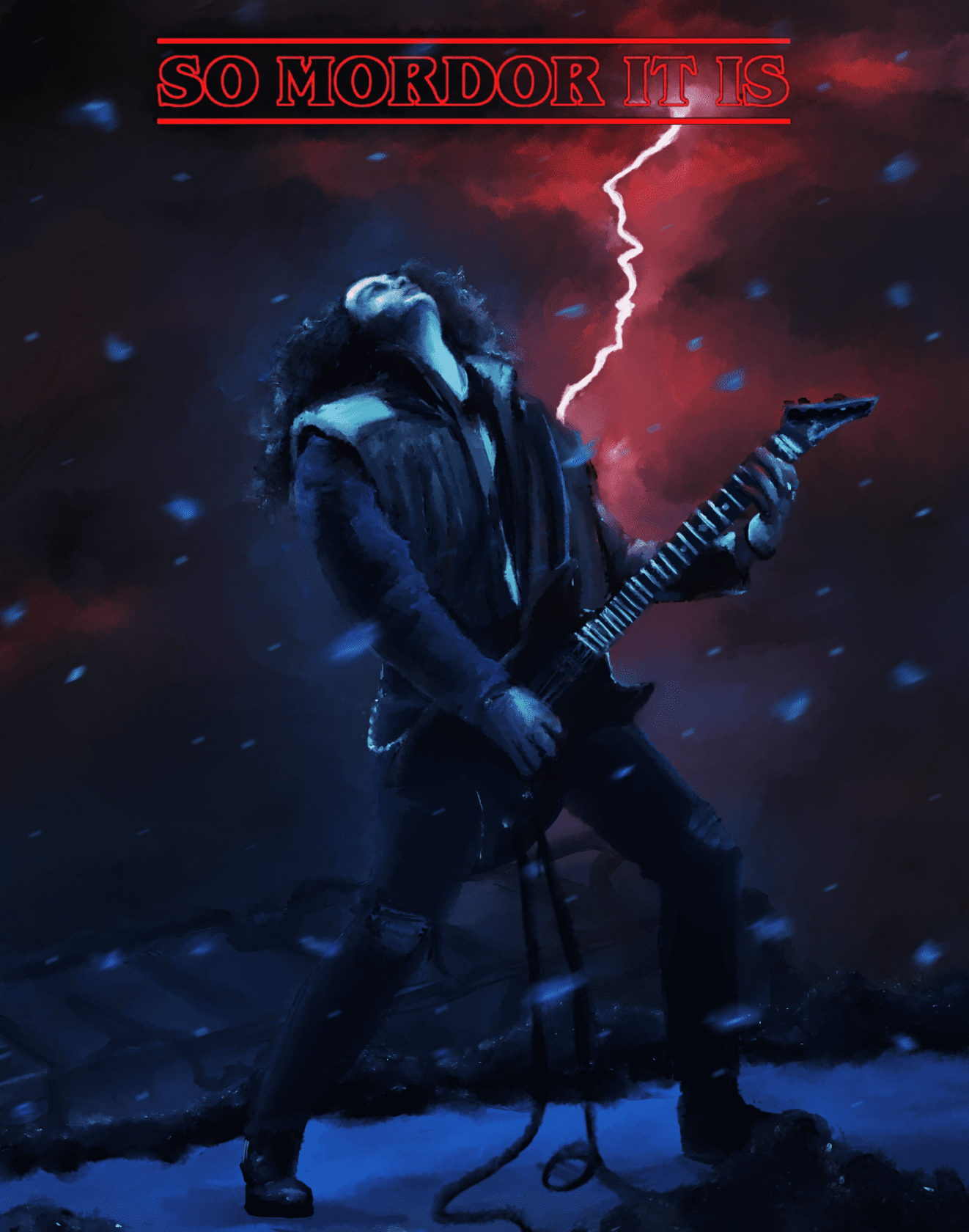 A person playing an electric guitar, illuminated by red lightning against a dark, stormy sky. The words 