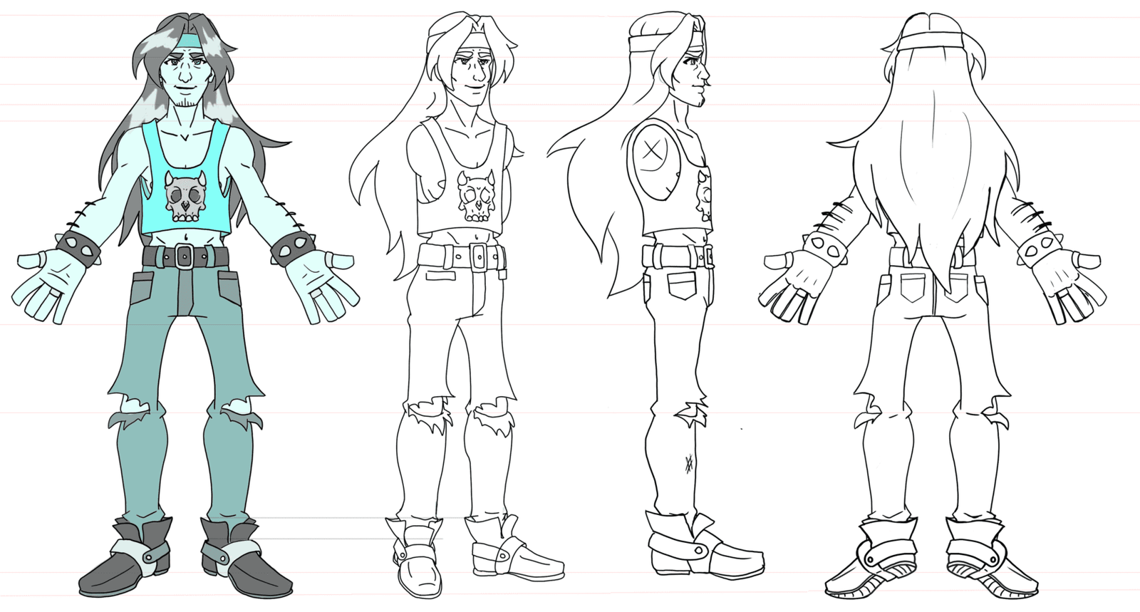 Four character design sketches of a person with long hair, wearing a headband, tank top with a skull design, ripped jeans, boots, and accessories. The sketches show front, side, and back views.