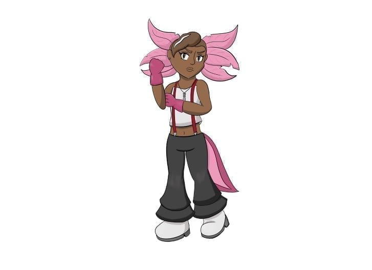 A cartoon of a girl with pink hair and pink boxing gloves.